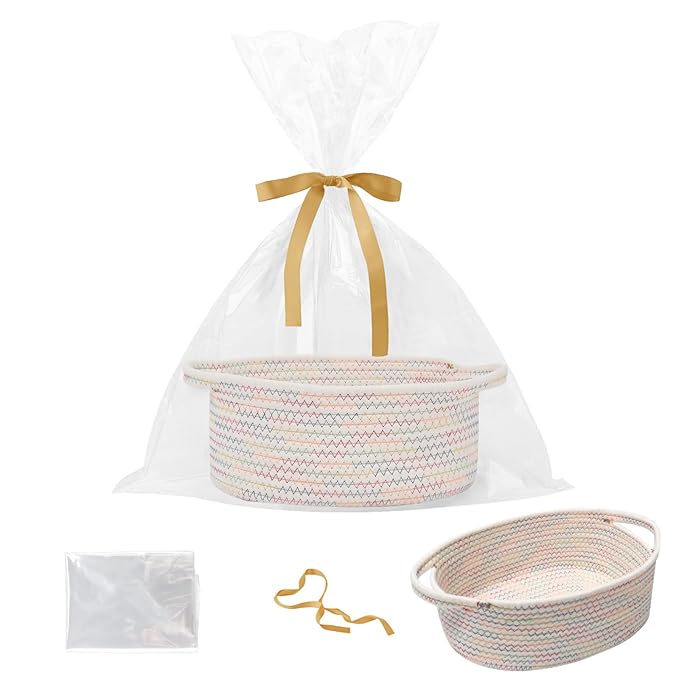 Small Woven Rope Basket-Empty Gifts Basket with Bag and Ribbons,Cute Handle Organizer Box for Birthday/Baby Shower, Toy Storage, Nursery Organizing & Shelf Decor(Colorful Thread)