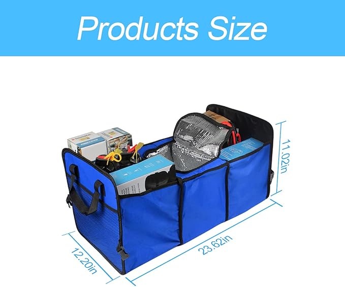 8sanlione Trunk Organizer, Large Capacity Cargo Storage with Insulation Cooler, Foldable for Cars, Vehicles, SUVs, Trucks, Automotive Interior Organizer (Blue)