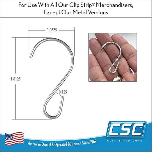 Clip Strip 100 Pack S Hooks for Hanging Displays in Retail, 1.8125" L, Open Ended Version, Use at Home Hanging Jewelry, Kitchenware, Keys, SH-50