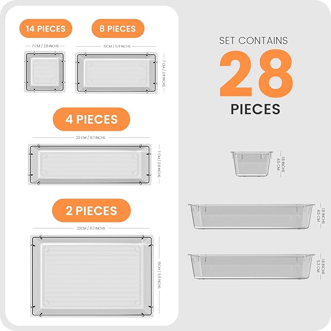 【28pcs】 【5size】 Drawer Organizer, Makeup organizer, 【Holds 177 Items】 Bathroom Organizers and Storage, Plastic Desk Organizer Divider, Organizer Bins(5size)(Transparent) A-LuGei