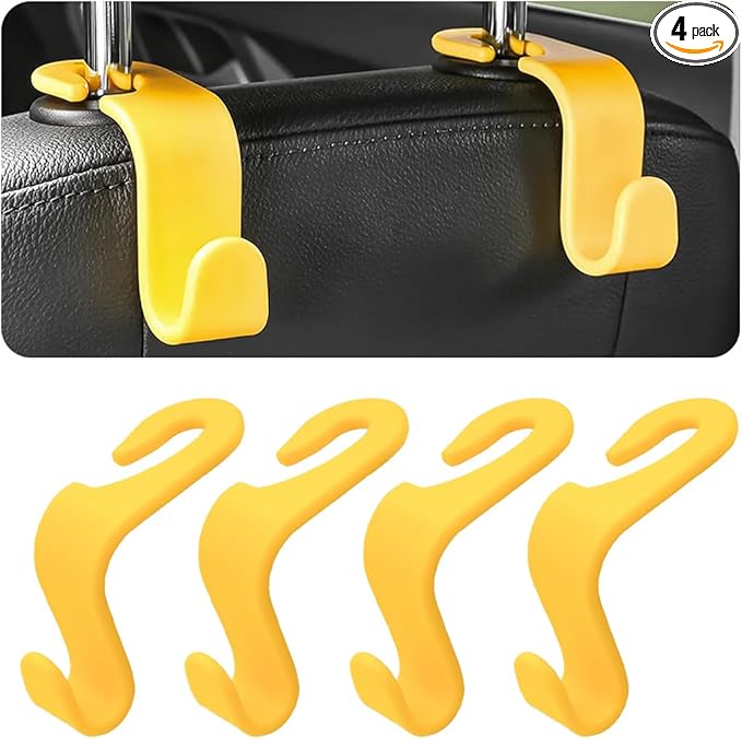 4PCS Car Back Seat Headrest Hooks, Rear Car Seat Storage Headrest Hanger Holder Hooks Organizer, Universal Auto Interior Accessories for Bag Purse Handbag Cloth Coats Grocery (Yellow)