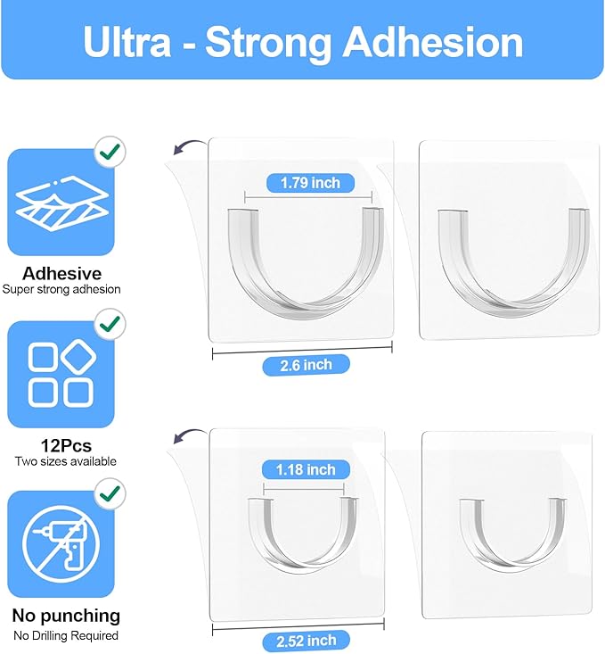 12 Pack Heavy Duty Shower Rod Holders No Drilling, Adhesive Curtain Rod Brackets for Wall, Tension Rod Holder Supports 30 lbs, Waterproof for Tile Marble, Home Rental RV (Rod Not Included)