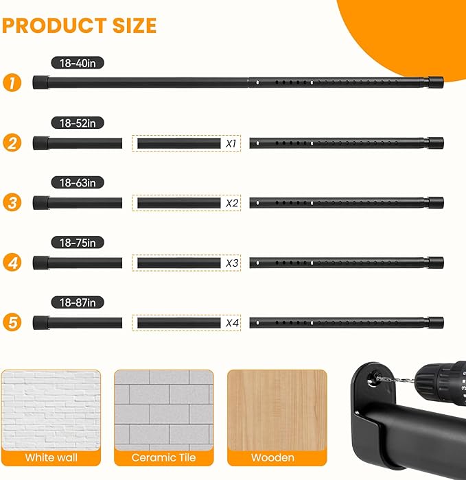 Oval Closet Rod for Hanging Clothes Adjustable Closet Rods 18 to 52 Inch Heavy Duty Black Poles Bar Closet Rod Expandable for Wardrobes Laundry RV