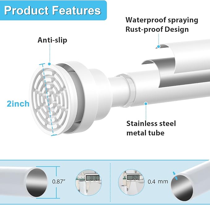 Tension Curtain Rod 30 To 49 Inch White Tension Rods Adjustable Spring Loaded Curtain Rods 7/8" No Drilling Tension Rods For Windows Bedroom Closet Doorway Door