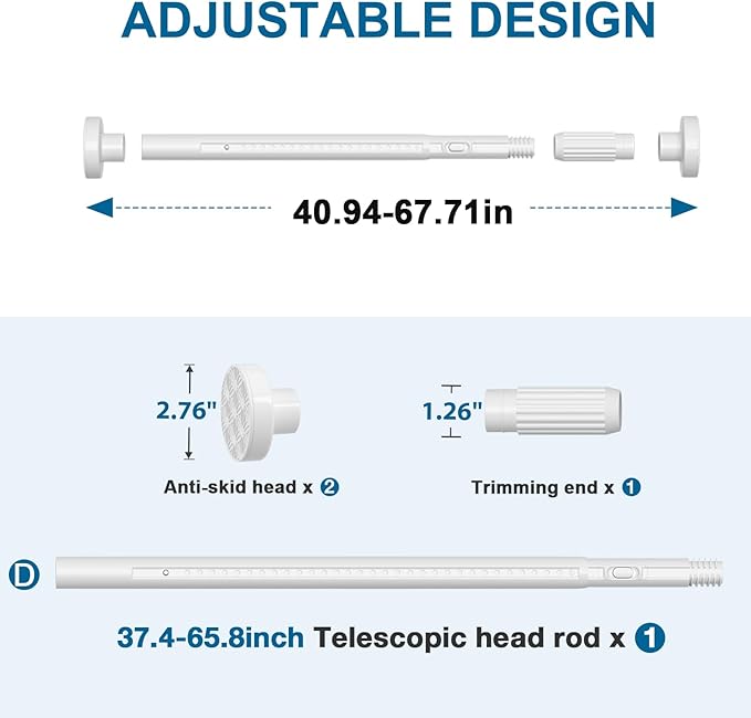 AIZESI 41-67 Inch Heavy Duty White Tension Curtain Rod - No Drilling, Adjustable, Rust-Resistant for Outdoor, Living Room, Window, Bathroom