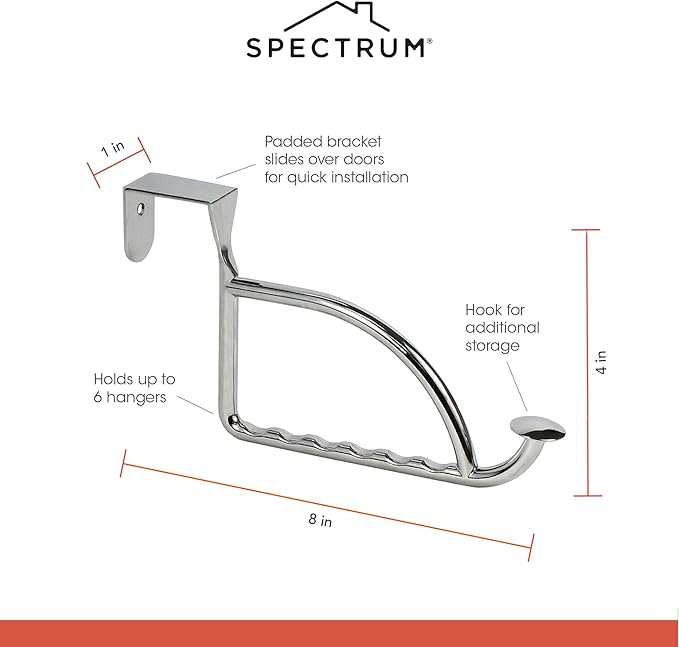 Spectrum Stratford Chrome Over The Door Hook Valet for Hanging Clothes Towels Robes, Easy Hang Sturdy Steel Door Hanger for Closet Bedroom Bathroom Laundry Room Door, Fits Doors Up to 1.3” Thick
