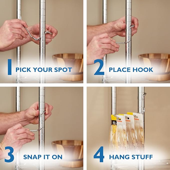 Shelf Pole Hooks | 5-Pack Black 1" J Hooks | Snap-On Hanging Hooks for Wire, Metal & Metro Shelving | Heavy Duty Garage, Workshop, Basement & Pantry Storage Hooks