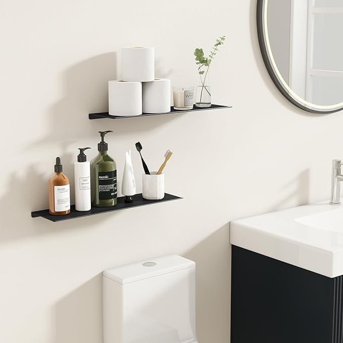 MKO 16" Floating Shelves for Wall, Long Metal Wall Mounted Shelf for Bathroom, Bedroom, Living Room, Kitchen, Display Hanging Shelves for Books/Storage/Room Decor 2 Packs, Black