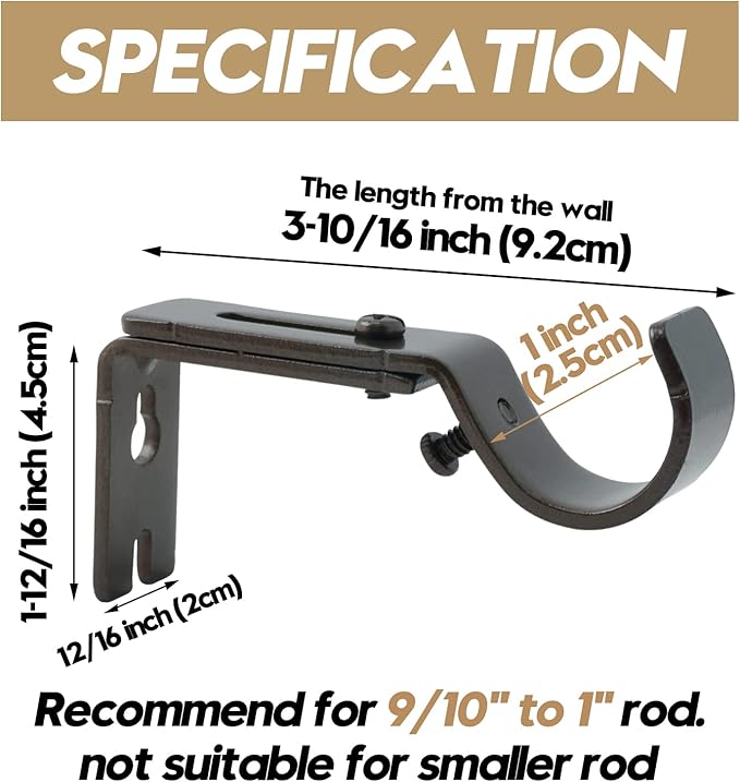 AddGrace Adjustable Curtain Rod Bracket Fits up to 1 inch Curtain Rod Sturdy Premium Brackets for Wall Set of 6 Brown