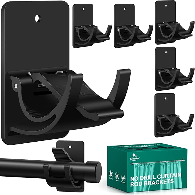No Drill Curtain Rod Brackets, 6 PCS Self Adhesive Curtain Hooks 20lb, Nail Free Adjustable Curtain Rod Holders Rental Friendly for Apartment Farmhouse Classroom Decor Hanging Drapes
