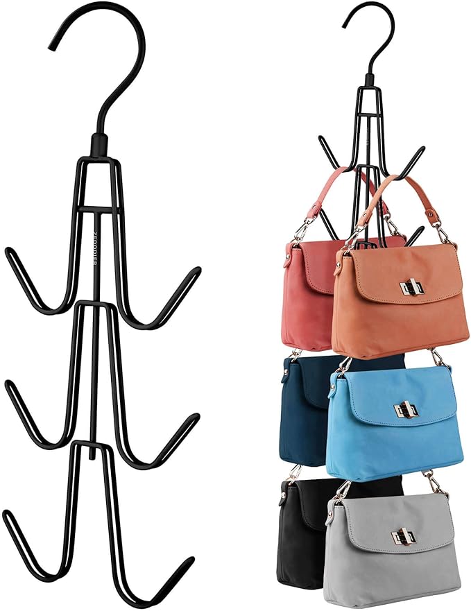 ZEDODIER 3 Pack Purse Organizer for Closet, Heavy-Duty Hanging Purse Hanger Closet Holds Up to 18 Purses, Metal Rotating Space Saving Bag Holder Handbag Storage Hook Backpack Rack, Black