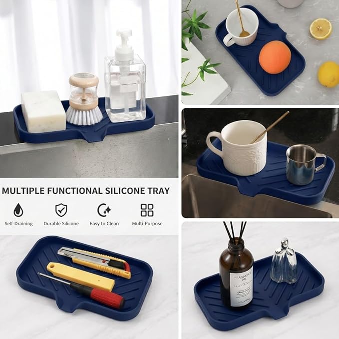 MicoYang Silicone Soap Dish with Drain Spout — Self-Draining Sink Organizer Tray for Bathroom & Kitchen, Sponges, Dispensers & Soap Holder, Non-Slip & Dishwasher Safe, Navy Blue (Medium, 9.6"×5.3")