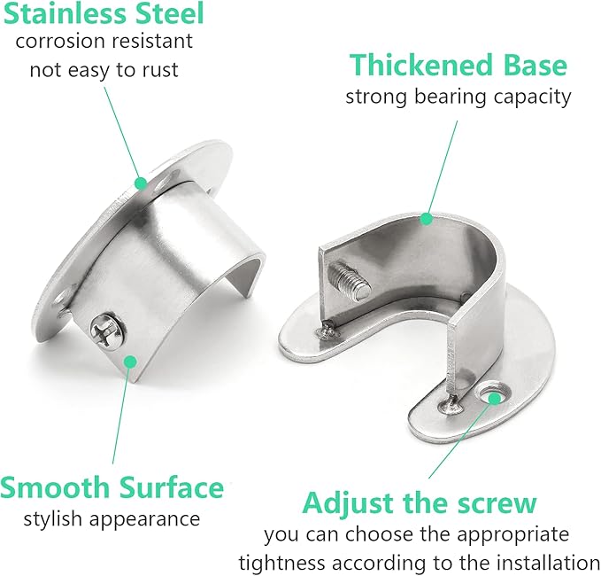 8 Packs Stainless Steel Closet Rod End Supports 1 Inch Wardrobe Bracket Heavy Duty Closet Pole Sockets Flange Rod Holder, U-Shaped with Screws, Silver