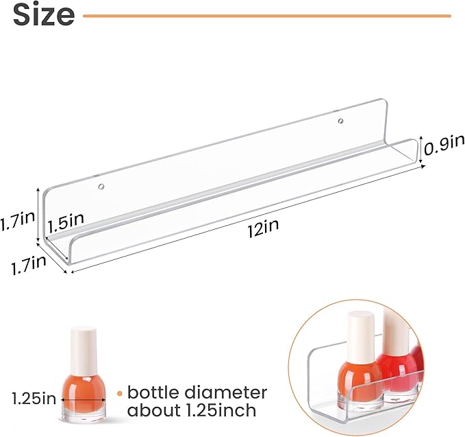 upsimples 6 Pack Clear Acrylic Shelves, 1.7" x12" Clear Wall Shelves for Nail Polish, Vinyl Wall Mount, Record Holder, Magazine Rack, Comic Display, Picture Ledge Shelf Décor