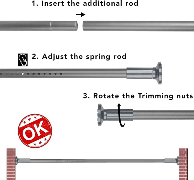 Tension Curtain Rod, 51-126 Inch,Spring Shower Tension Curtain Rod, Closet Rod, for Windows or Shower, Easy to Install, No Drilling, No Rust, for Bathroom, Rod Diameter 1.26 Inches, Grey,Umimile