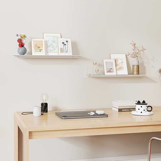MKO 20" Floating Shelves for Wall, Long Metal Wall Mounted Shelf for Bathroom, Bedroom, Living Room, Kitchen, Display Hanging Shelves for Books/Storage/Room Decor 2 Packs, White