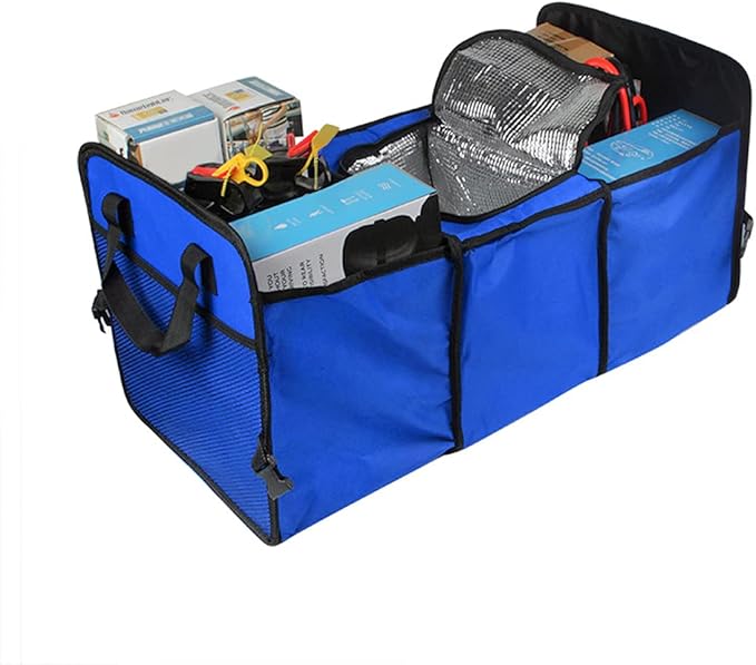 8sanlione Trunk Organizer, Large Capacity Cargo Storage with Insulation Cooler, Foldable for Cars, Vehicles, SUVs, Trucks, Automotive Interior Organizer (Blue)