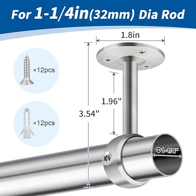 TOKPLNU Ceiling Curtain Rod Holder, 1 1/4Inch Heavy Duty Curtain Rods Bracket for Wall, Stainless Steel, Silver Ceiling Rod Hooks Hangers, Set of 4