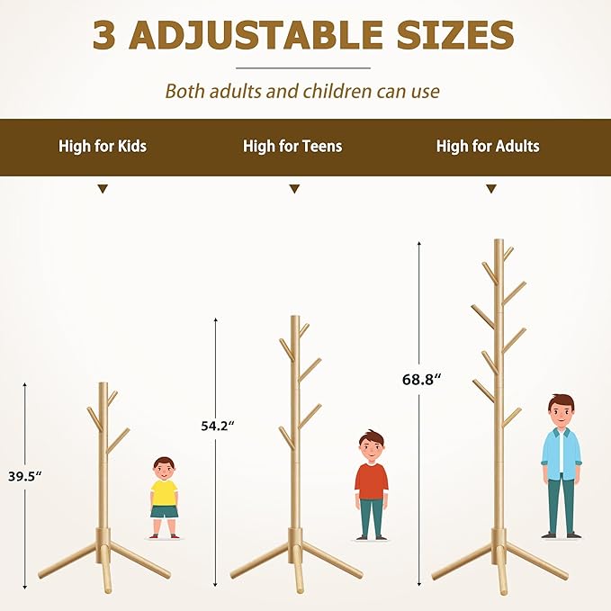 Coat Rack, Coat Racks Freestanding with 8 Hooks 3 Adjustable Heights for Clothes, Hats, Handbags, Coat Tree Easy Assembly for Entryway, Bedroom, Hallway, Office(Nature 2PCS)
