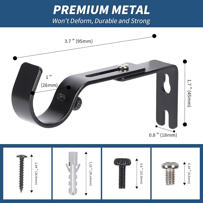 Premium Curtain Rod Brackets for Wall - Adjustable Hooks, Iron Holders for 1 Inch Rod - Black (2 PCS)