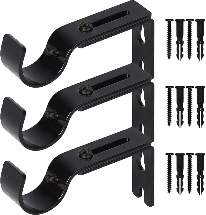 Curtain Rod Brackets for Adjustable, 3 Pack Premium Rod Bracket for Walls, Curtain Rod Holder, Drapery Rod Holders Hardware Window Curtain Rod Support Hanger for 1 Inch Rod (Black-3Pack)
