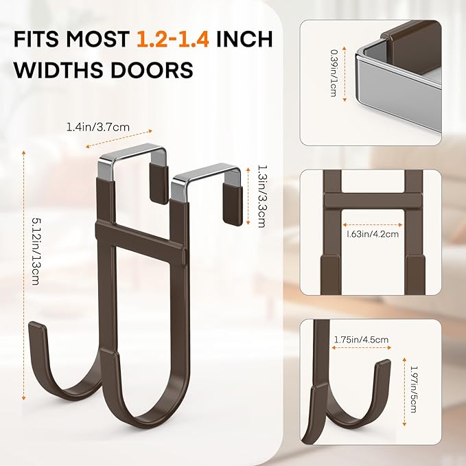 FYY Over The Door Hooks - 2 Pack Heavy Duty Double-Hanger Organizer for Bathroom Bedroom Dorm, Hanging Clothes Towels Hats Bags Ironing Board Wreath Robe - Fits Interior Doors Up to 1 3/8" Brown