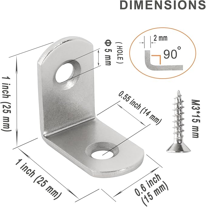 L Bracket 1" Corner Brace 90 Degree Right Angle Metal Support Fastener for Wood Shelves Furniture Desk Cabinet Chair Drawer, Pack of 16, Nickel Plated Silver