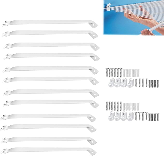 12PCS 12 Inch Wire Shelf Brackets, Heavy Duty Wire Shelving Support Brackets, Closet Rack Support with 8PCS Wire Shelf Clips, Closet Wire Shelf Support Brackets for Laundry, Closet, Garage