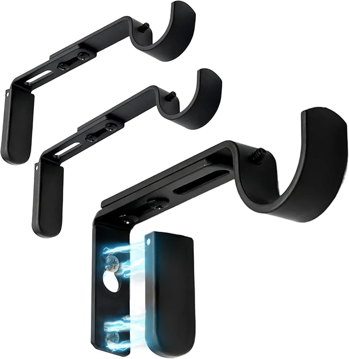 Adjustable Curtain Rod Brackets for Wall with Magnetic Cover, 5 inch Long Heavy Duty Curtain Rod Holders Extended Brackets, Window Hardware Holders Adjustable Mounting Hardware Support Black Set of 3