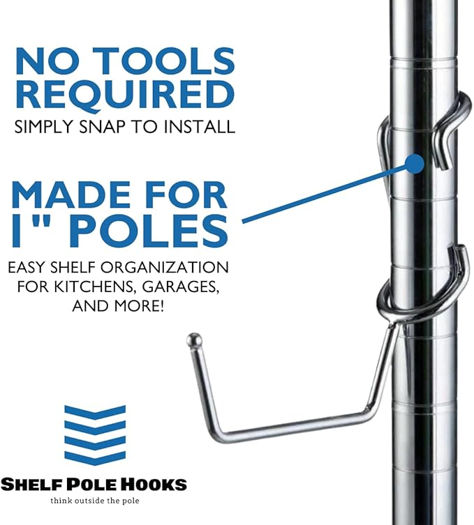 Shelf Pole Hooks 5-Pack | Chrome Heavy-Duty Utility J Hooks for 1-Inch Poles ONLY | Snap-On Hooks for Wire, Metal & Metro Shelving | Garage, Kitchen & Home Organization