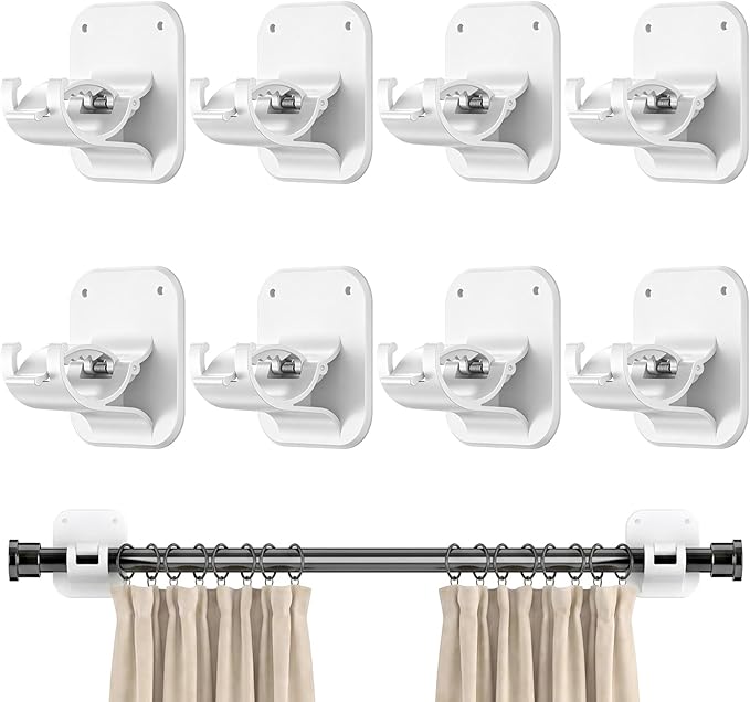 No Drill Curtain Rod Brackets - 20LB, 8 Pack Self Adhesive Curtain Rod Holder, Peel and Stick Wall Hooks, Renter Friendly Upgrades for Apartment, Kitchen, Bathroom, Dorm, Living Room and RV