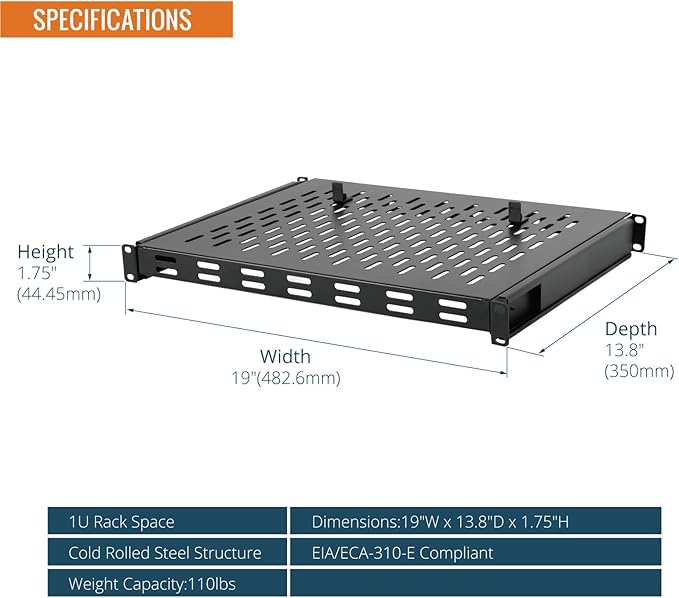 Tecmojo 1U Sliding Rack Shelf,4-Post Vented Rack Mount Shelf,13.8in Deep with Adjustable Mounting Depth 13.8-19.7in,Supports to 110lbs,for 19 Inch AV/Network Equipment Rack,Unassembled,Black