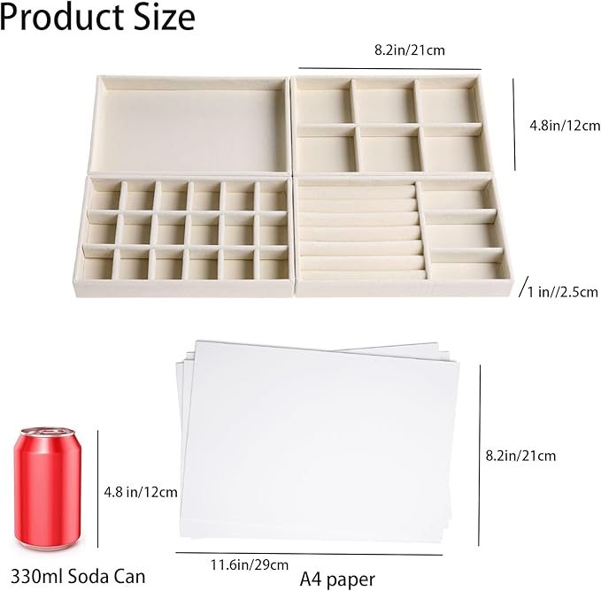 Velvet Jewelry Organizer for Drawer, Stackable Jewelry Drawer Inserts in Dresser, 8in Beige Storage Display Case for Rings Stud Necklaces Accessories, Set of 12