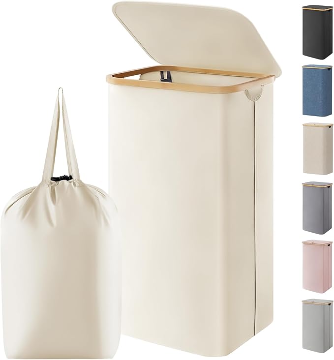 Lifewit 100L Laundry Basket with Lid, Clothes Hampers for Laundry with Bamboo Handles and 1 Removable Bag, Large Foldable Laundry Hamper for Bedroom, Bathroom, Dorm, Laundry Room, White