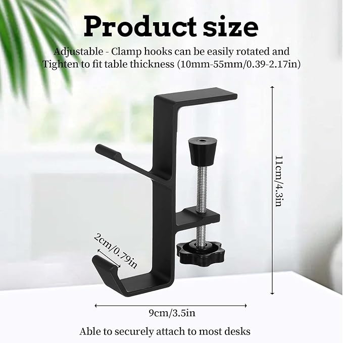 YUANQIAN Clamp-On Under Desk Headphone Holder Backpack Hook Students' Desk Hook with Adjustable Arm Clamp Women's Bag Handbag and Purse Holder -Suitable for Plate Between 1-5cm (4Pack Black, 4)