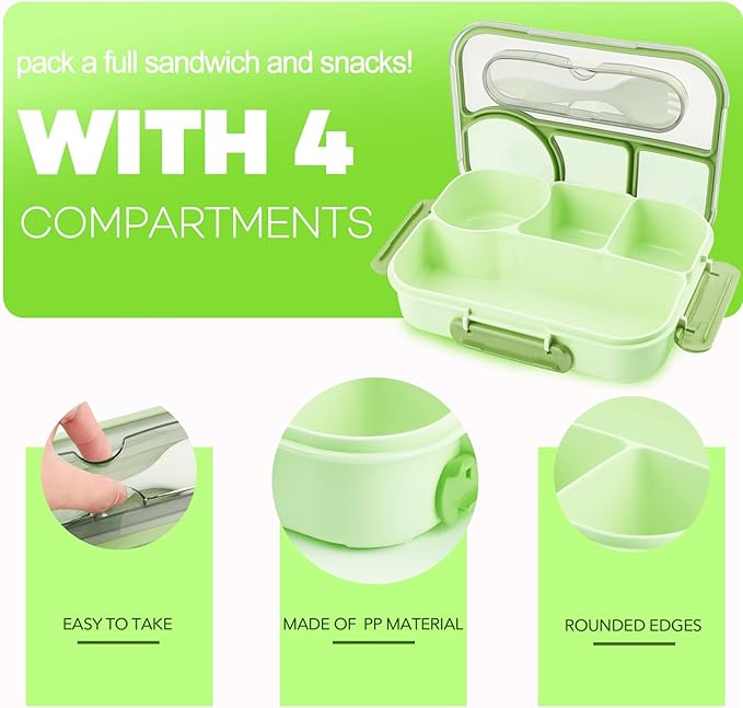 Bento Box for Adults,4 Compartments Lunch Box, Snack Containers Reusable Lunch Containers Drop-Proof, Dishwasher Safe & Made with BPA-Free Materials, Green