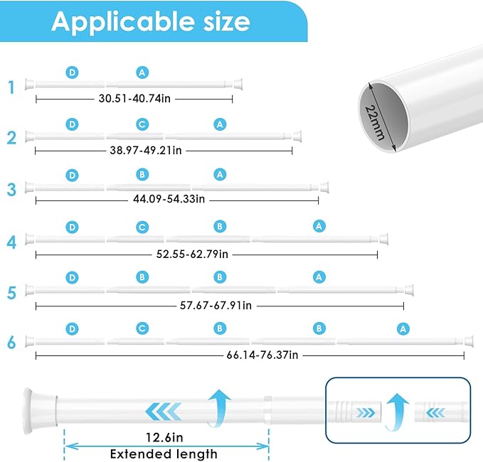 1Pcs Tension Curtain Rod 31 To 76 Inch White Shower Curtain Rod No Drilling Adjustable Spring Loaded Curtain Rods 7/8"Diameter Shower Rods For Bathroom Windows Bedroom Closet Doorway Door