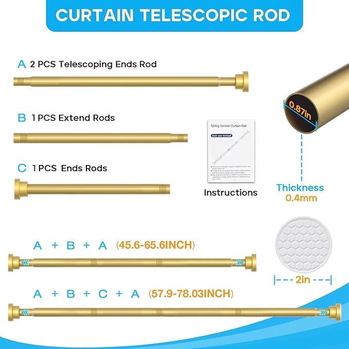 1Pack Gold Spring Tension Curtain Rod 45-78 Inches, 7/8" Diameter Adjustable Shower Curtain Rod No Drill, Anti-slip Heavy Duty Spring Curtain Rod for Windows Bathroom Kitchen Closet Doorway