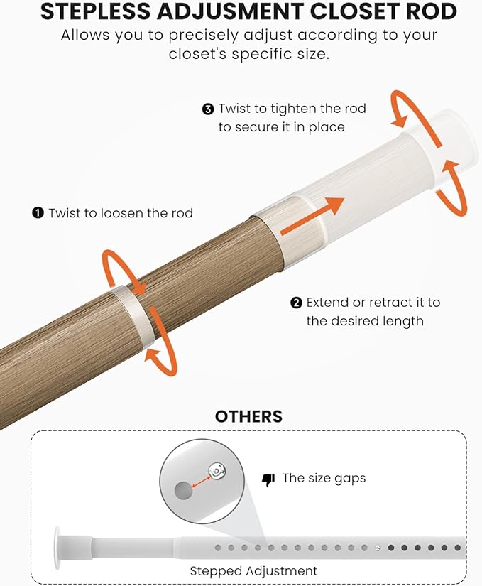 Closet Rods for Hanging Clothes, 17 to 39 Inches Stepless Adjustable Metal Closet Rod, 1.3 Inches Heavy Duty Clothes Hanging Rod for Closet Wardrobes Laundry RV(Wood Grain)