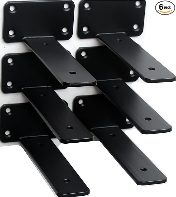 6 Pack - 4 inch Black Hidden L Shelf Bracket (1/5 Inch Thicked) Iron Floating Shelf Brackets Rustic Industrial Metal Brackets for Shelf Support