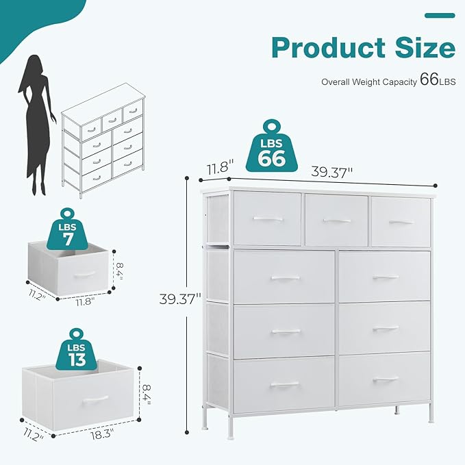 OLIXIS 9 Drawers Storage Organizers Units, Closet Organizers and Storage for Clothes, Fabric Storage Drawer for Living Room, Chest of Dresser in 39.4" D x 11.8" W x 39.9" H, White