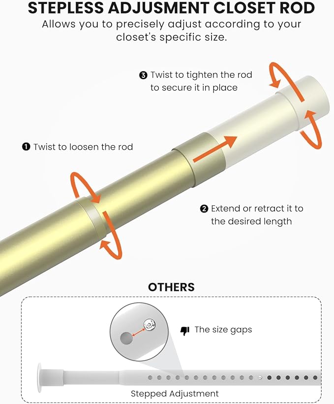 Closet Rods for Hanging Clothes, 17 to 84 Inches Stepless Adjustable Metal Closet Rod, 1.3 Inches Heavy Duty Clothes Hanging Rod for Closet Wardrobes Laundry RV, Verdant Gold