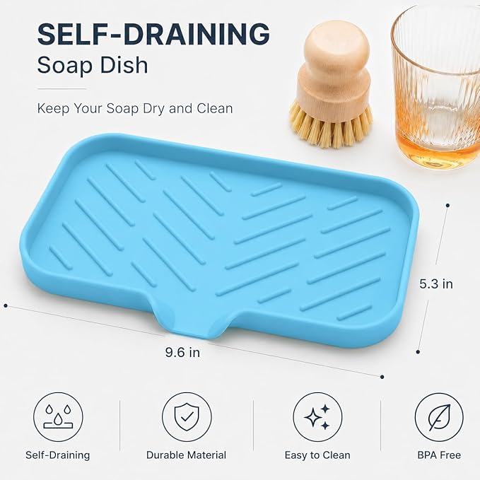MicoYang Silicone Soap Dish with Drain Spout — Self-Draining Sink Organizer Tray for Bathroom & Kitchen, Sponges, Dispensers & Soap Holder, Non-Slip & Dishwasher Safe, Light Blue (Medium, 9.6"×5.3")