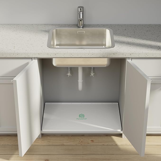 Under Sink Mat, 28" x 22" Silicone Kitchen Cabinet Tray, Waterproof & Flexible Under Sink Liner for Kitchen Bathroom and Laundry Room(White)