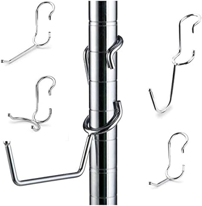 Shelf Pole Hooks 5-Pack | Chrome Variety Pack for Hanging | Snap-On Hooks for 1 Inch Poles | Wire & Metal Shelving Hooks for Kitchen, Garage & Home Organization