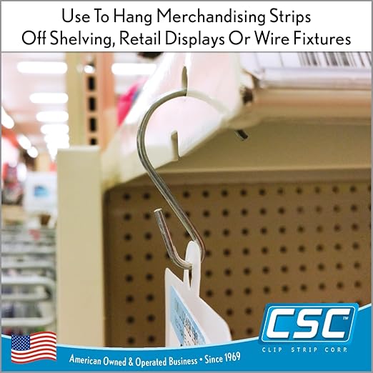 Clip Strip 100 Pack S Hooks for Hanging Displays in Retail, 1.8125" L, Open Ended Version, Use at Home Hanging Jewelry, Kitchenware, Keys, SH-50