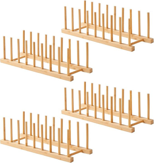 4 Pack Bamboo Wooden Dish Rack-Plate Pot Lid Cutting Board Organizer Holder Rack for Cabinet-Kitchen Cabinet Organizer for Dish, Pots, Lids, Bowls, Bottles, Books, and Puzzle