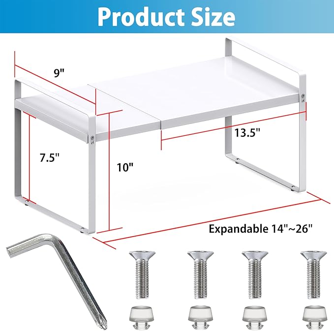 Expandable Cabinet Countertop Shelves, 9" Deep Cabinet Shelf Organizer Riser for Kitchen Pantry Cupboard Under Sink Countertop Organization Storage, Adjustable Metal Organizer Shelf with Nonslip Legs