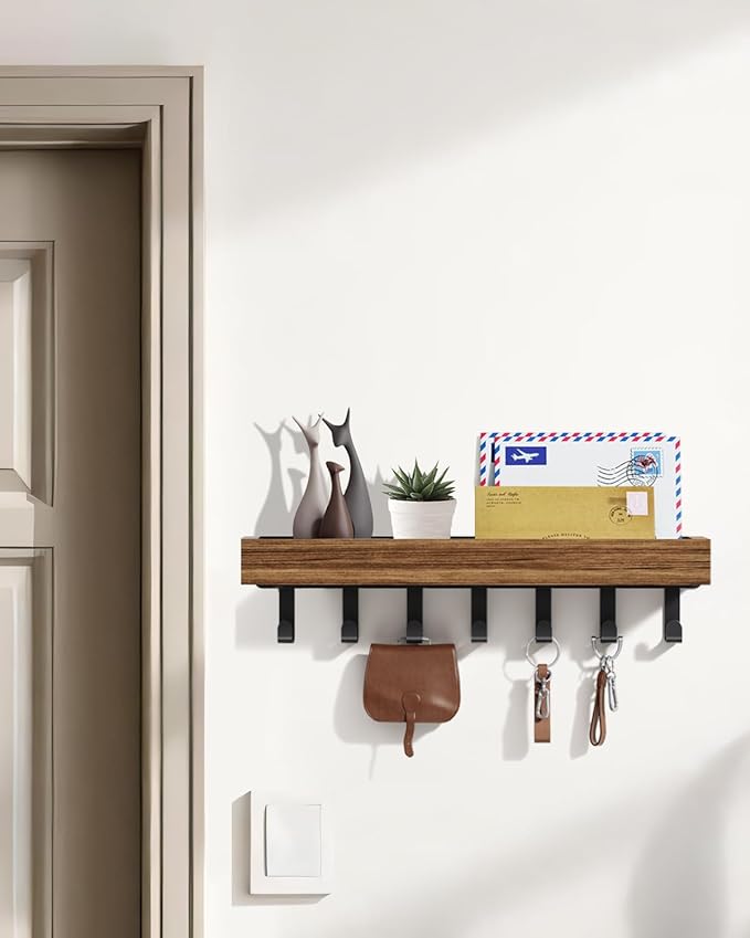 Key Holder Wall Mount Adhesive Magnetic - Hanging Key Hooks with Mail Organizer Tray for Wallet House - Keys Hanger Rack with Shelf for Camper Entryway Door Home Living Room Decor Large Rustic