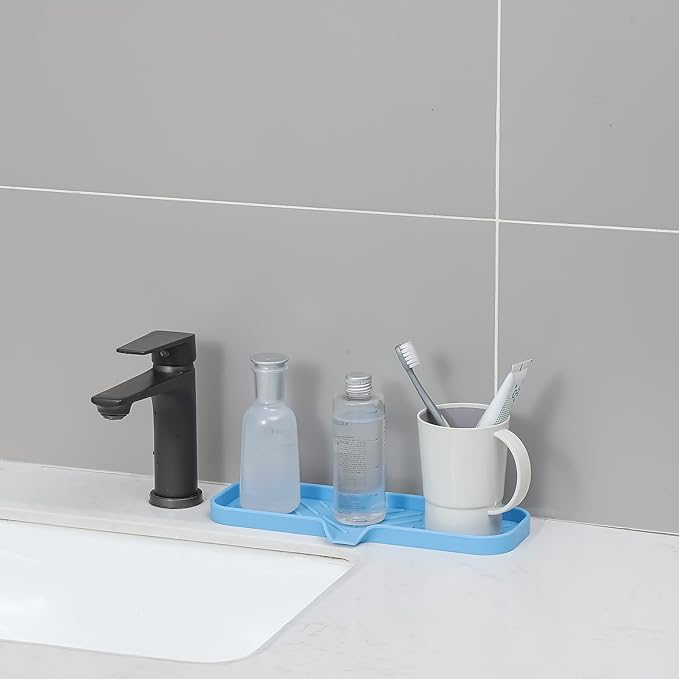 MicoYang Silicone Soap Dish with Drain Spout — Self-Draining Double Sink Organizer Tray for Kitchen & Bath, Dispensers, Sponges & Soap Holder, Non-Slip & Dishwasher Safe, Light Blue (Large, 12"×4")